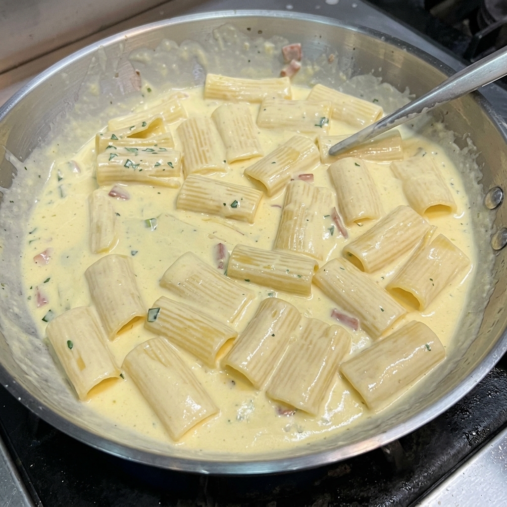 Rigatoni avvolti in una ricca salsa alla panna con pancetta e prezzemolo, completati da petto di pollo a fette.