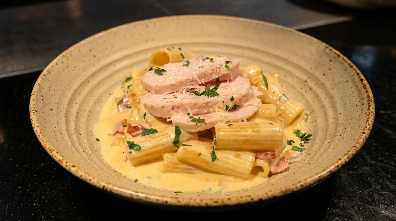 Rigatoni Cremosi con Pancetta e Pollo a Fette