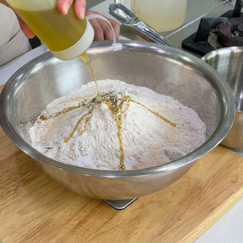 Olio doliva dorato versato sulla farina in una ciotola di acciaio.