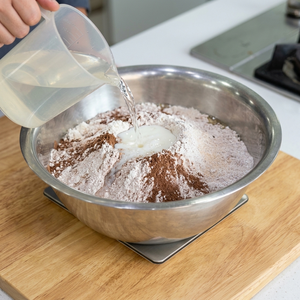 Acqua versata da una caraffa graduata in una ciotola con farina e altri ingredienti.