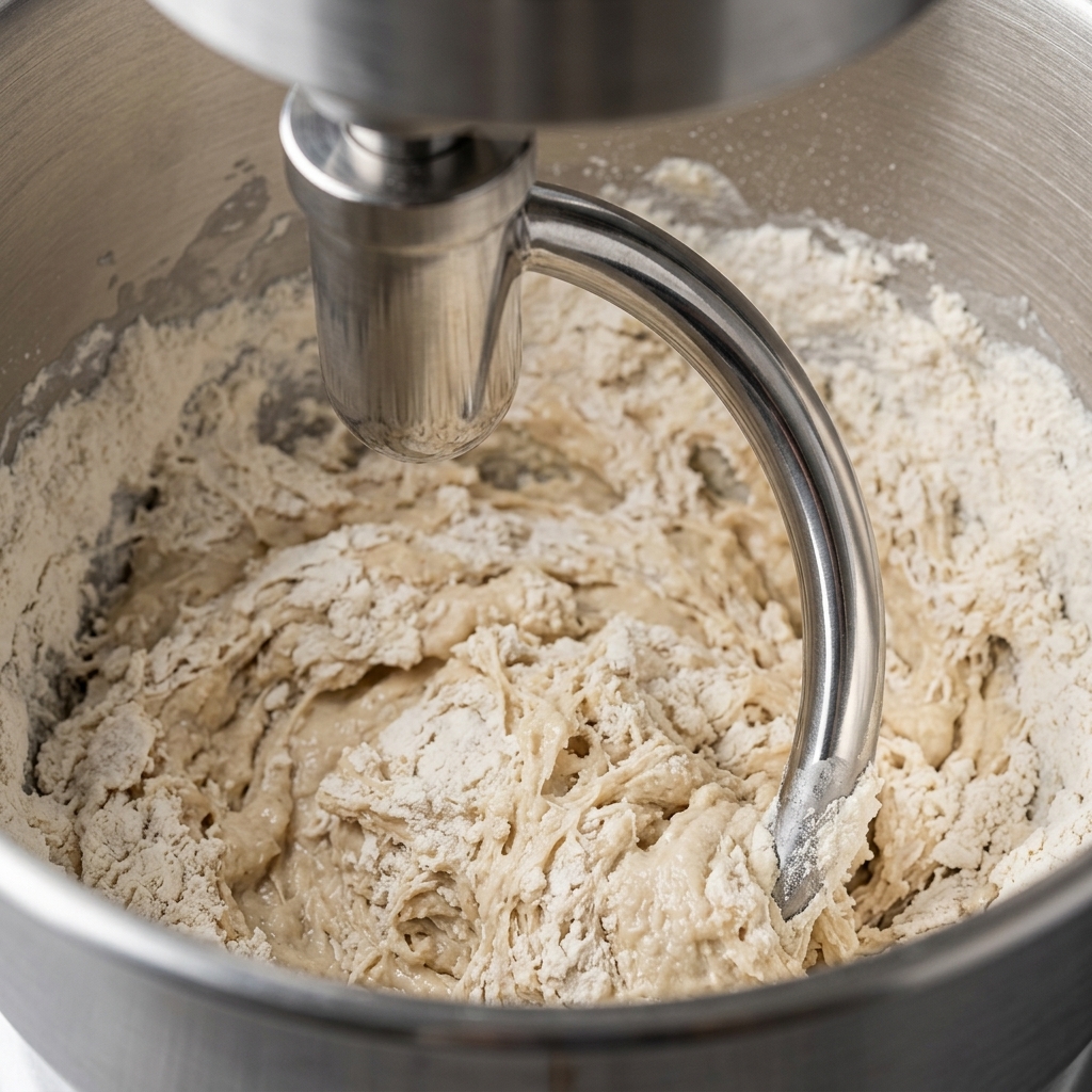 Unimpastatrice planetaria con gancio che lavora limpasto appiccicoso della pizza.