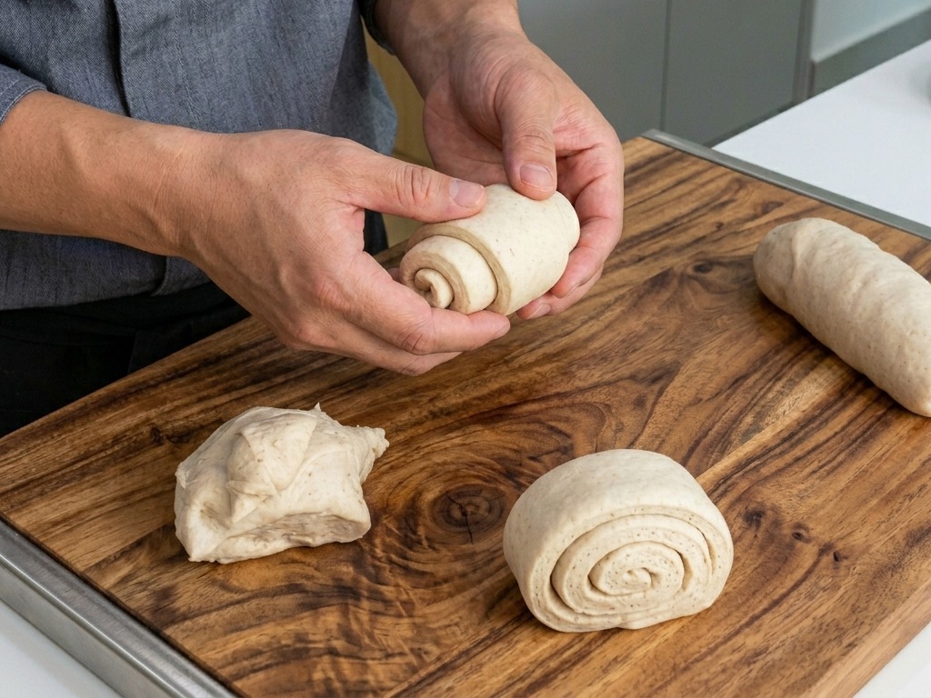 Mani che arrotondano una porzione di impasto formando una pallina liscia e tesa.