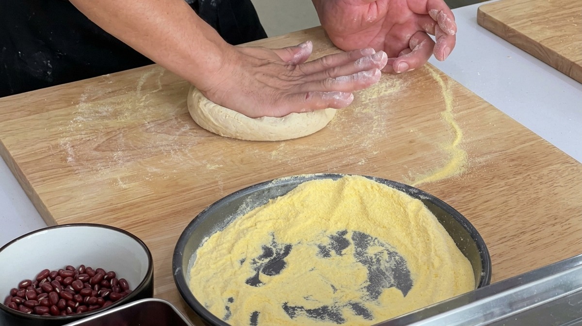 Chef che schiaccia un panetto lievitato con le mani su una superficie infarinata.