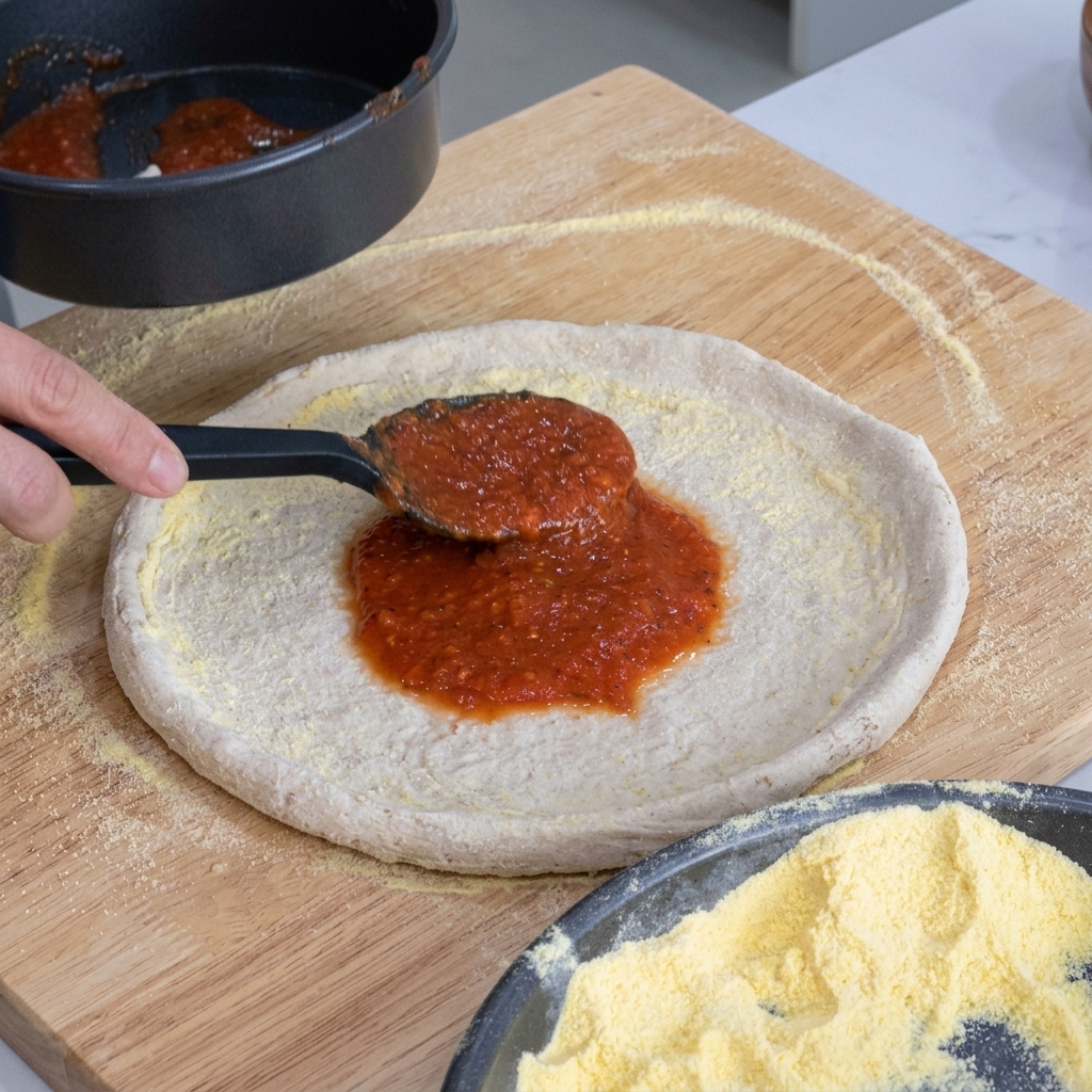 Salsa di pomodoro stesa sullimpasto della pizza con il dorso di un cucchiaio.