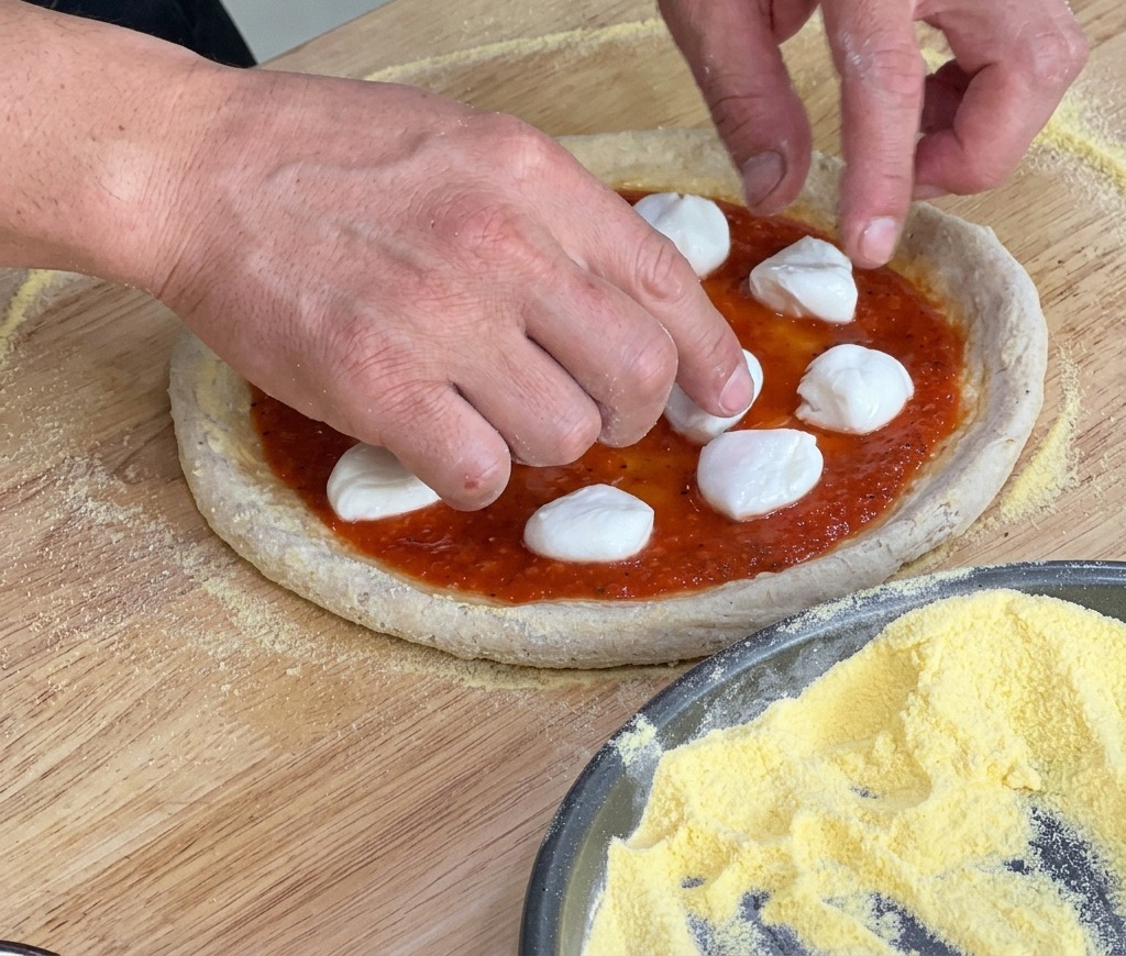 Pezzi di mozzarella di bufala bianca posizionati sullimpasto della pizza.
