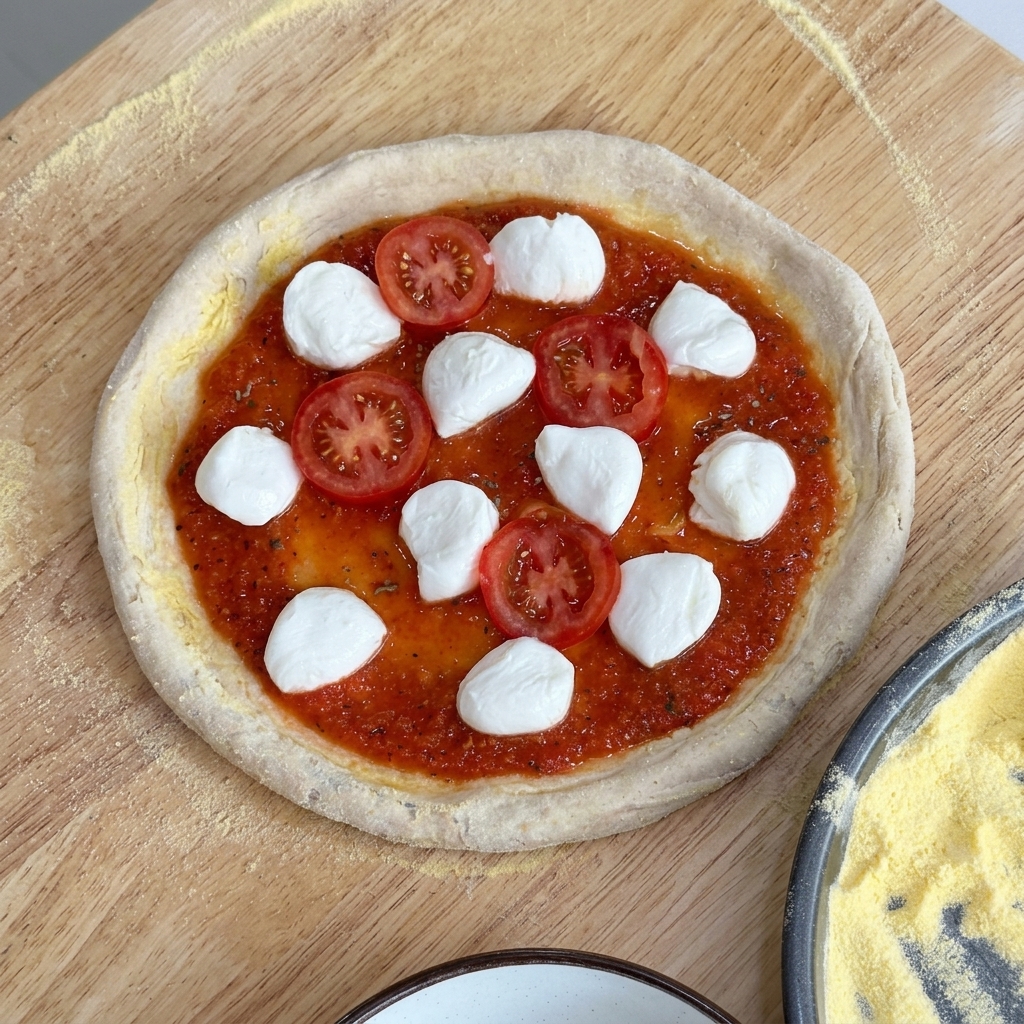 Impasto della pizza condito con salsa, mozzarella e fette di pomodorini.