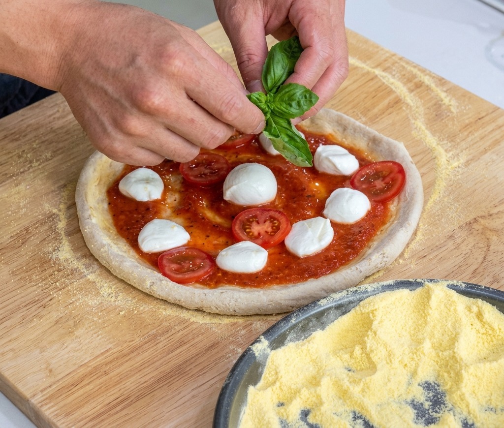 Mani che posizionano foglie di basilico fresco sulla pizza Margherita prima della cottura.