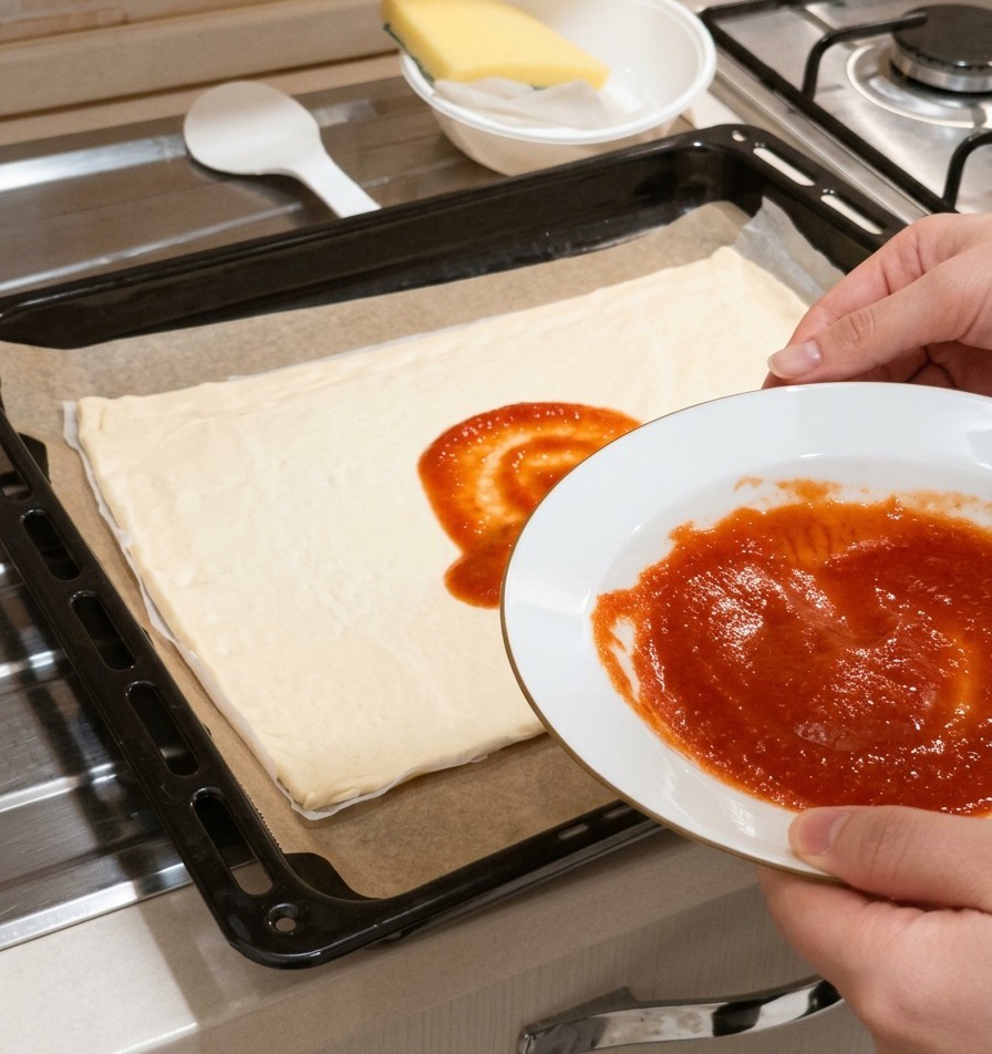 Una mano che versa una cucchiaiata di salsa di pomodoro rossa al centro di una base per pizza cruda.