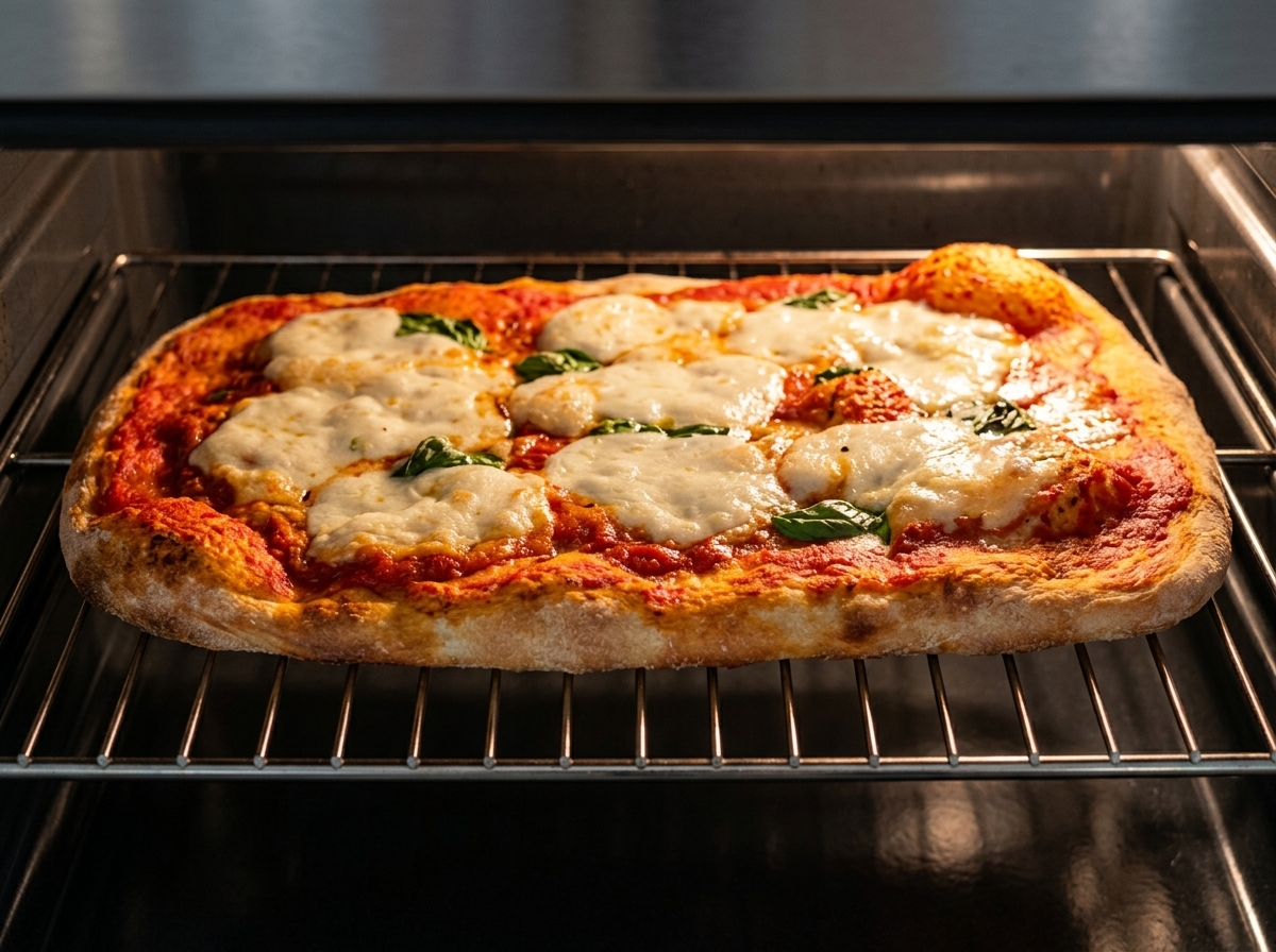 Pizza Margherita che cuoce allinterno del forno con mozzarella filante e salsa che sobbolle su una crosta dorata.