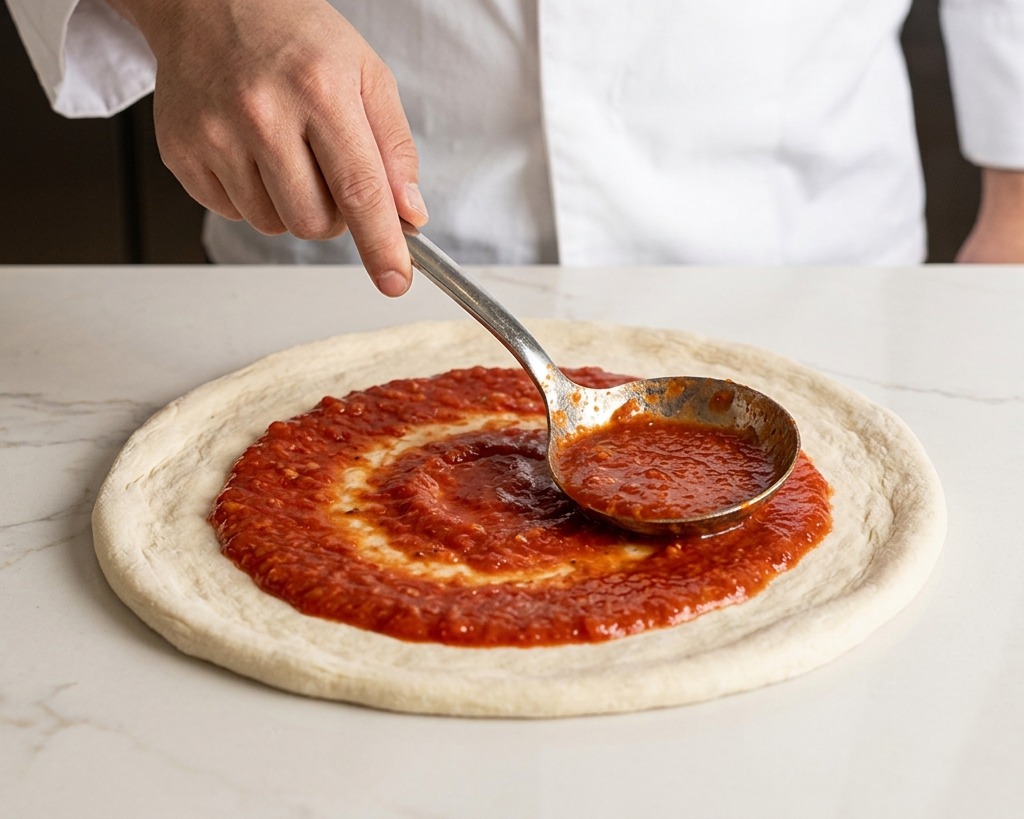 Un pizzaiolo usa un mestolo di metallo per stendere la salsa di pomodoro in modo circolare sulla pasta cruda.