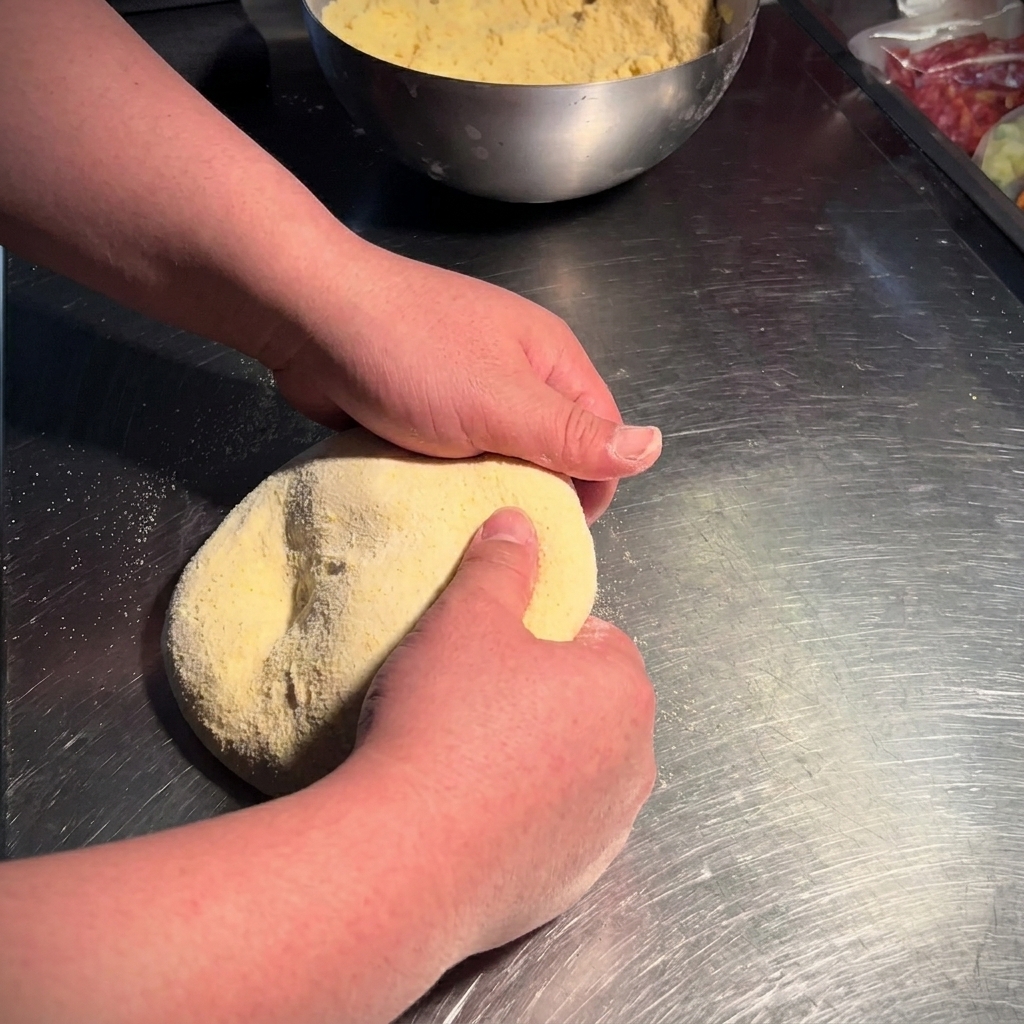 Mani che ripiegano delicatamente una pallina di impasto per pizza su una superficie di acciaio inox infarinata.