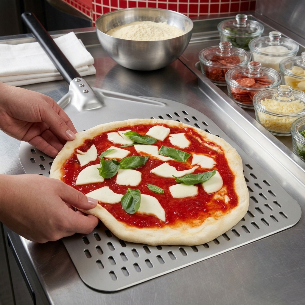 Mani che allargano delicatamente i bordi della pizza Margherita cruda posizionata su una pala di metallo forata.
