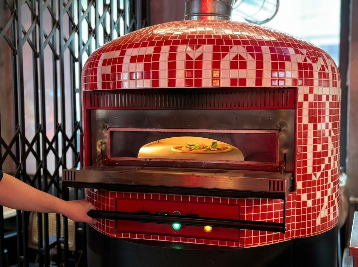 Una pizza Margherita cruda allinterno di un caldo forno a legna in mattoni.