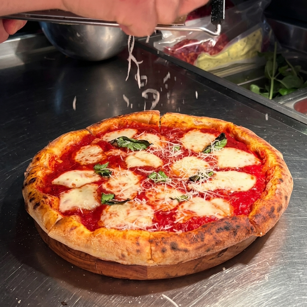 Una persona grattugia parmigiano fresco su una pizza Margherita a fette usando una grattugia a mano su un tagliere di legno.