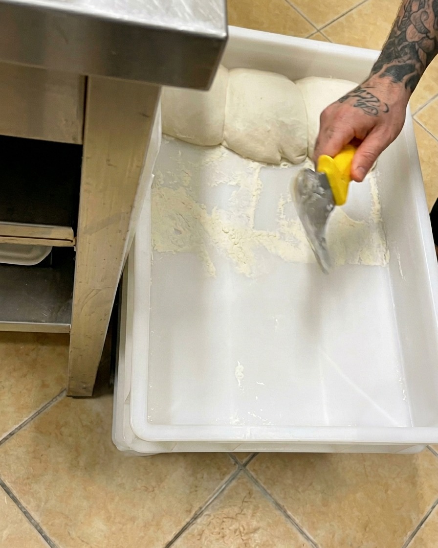 Una mano usa una spatola dal manico giallo per prelevare con cura un panetto di impasto da una cassetta di lievitazione bianca.