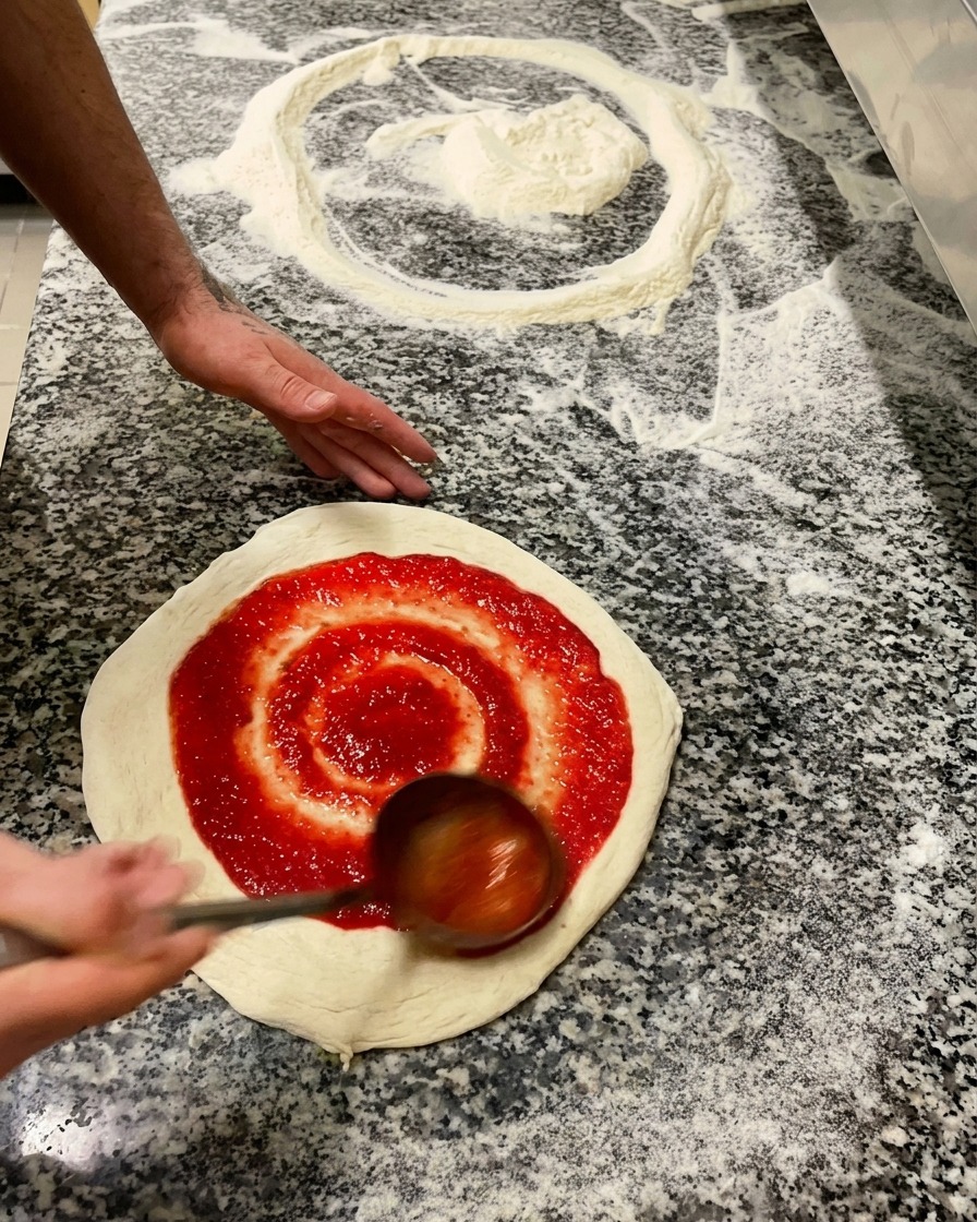 Una persona usa un mestolo di metallo per stendere una salsa di pomodoro rosso vivo con un movimento circolare sulla base della pizza.