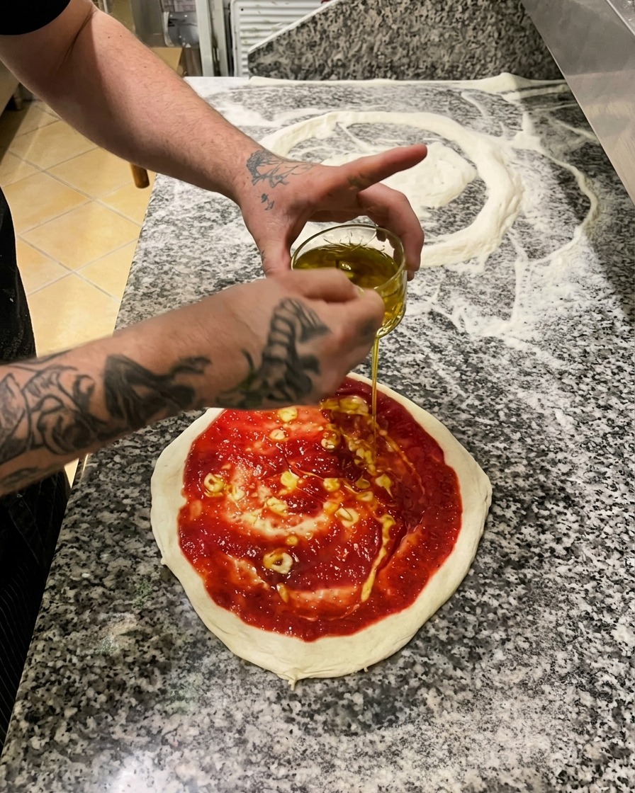 Una persona versa olio doliva dorato infuso allaglio da una ciotolina su una pizza condita con pomodoro.