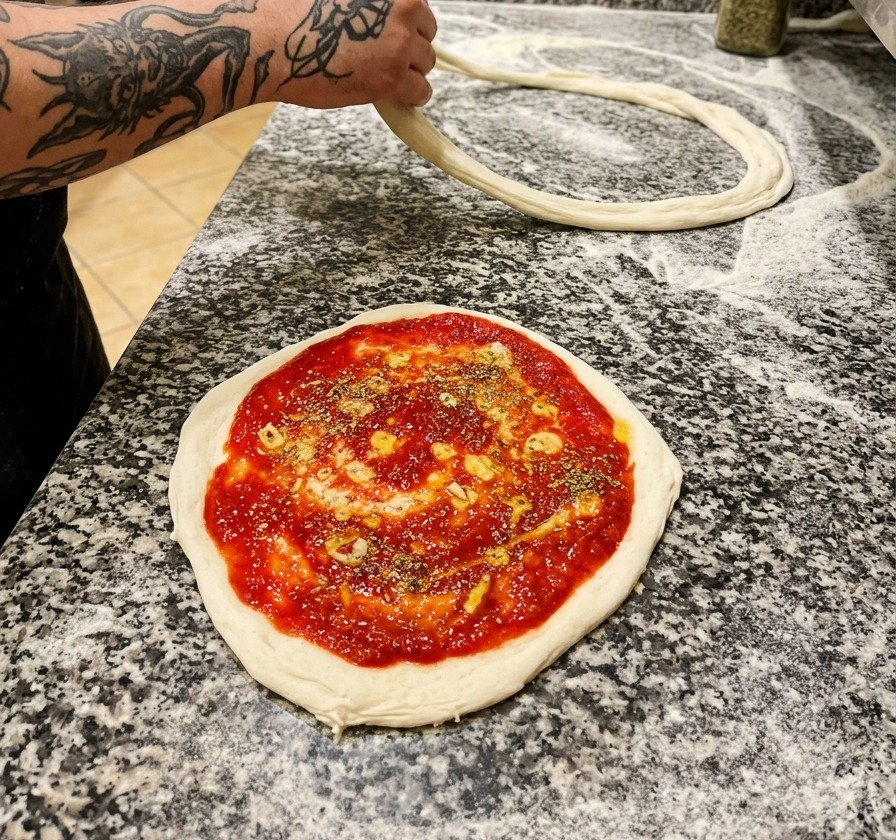 Base per pizza cruda condita con pomodoro, aglio e una spolverata di origano secco su un piano di marmo.