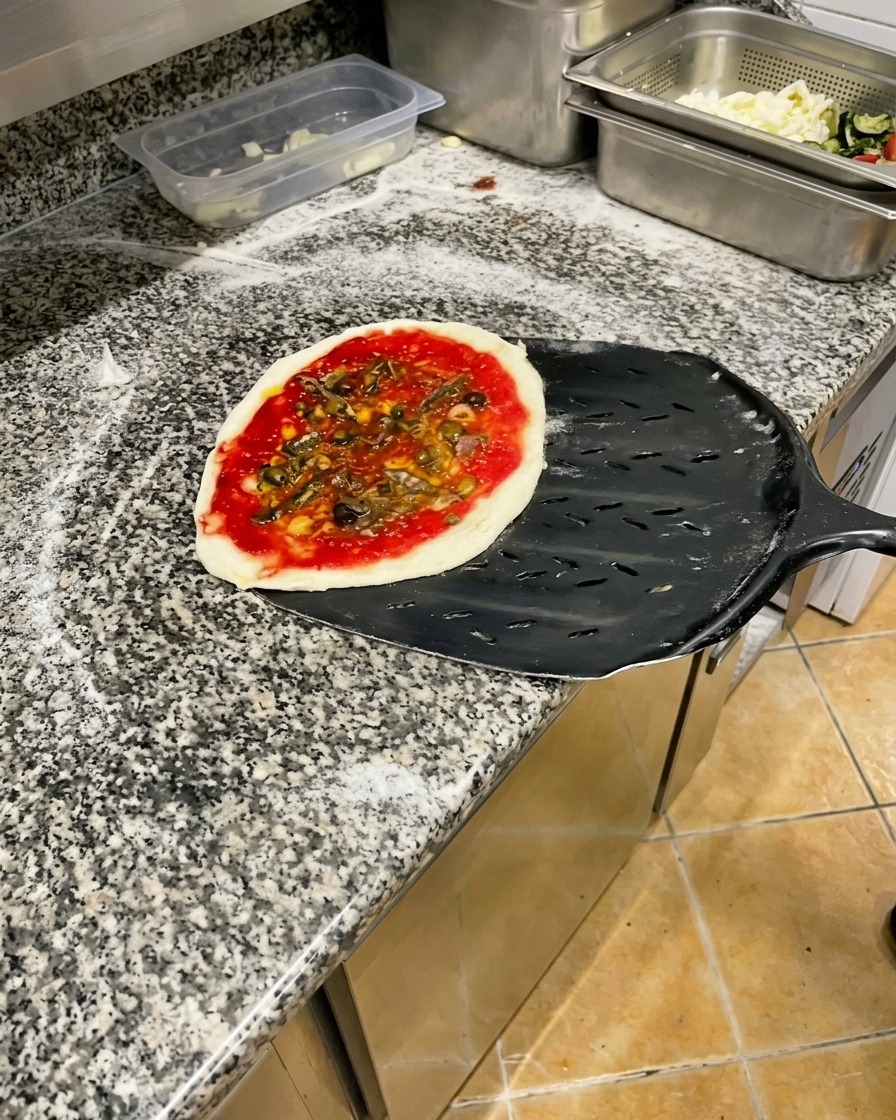 Pizza napoletana cruda con pomodoro, acciughe e olive appoggiata su una pala metallica nera.