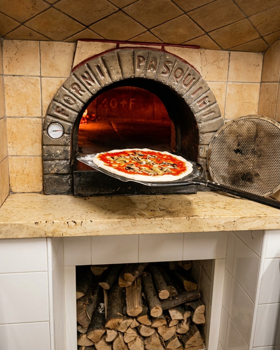Inserimento di una pizza cruda direttamente nel forno a mattoni rovente con la pala metallica.