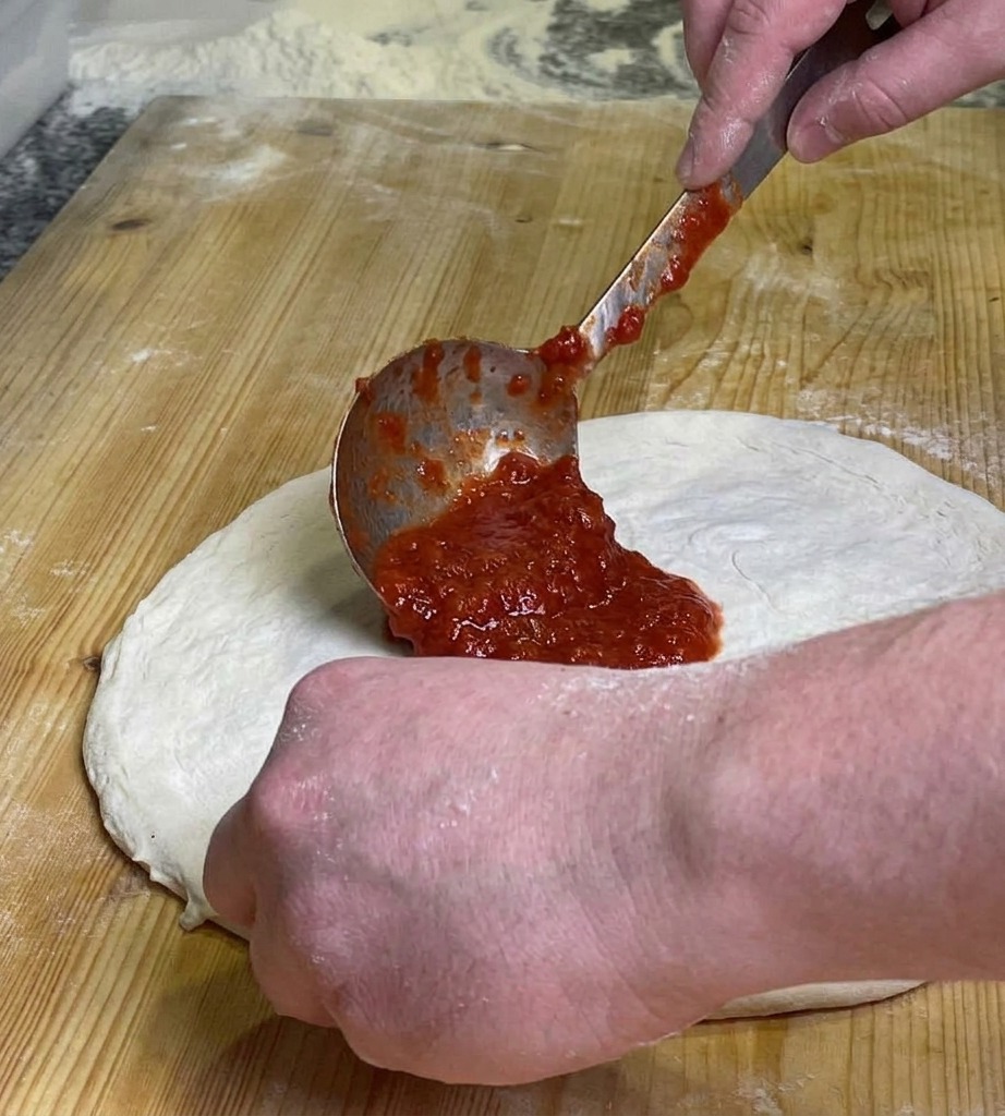 Una persona che usa un cucchiaio di metallo per stendere la passata di pomodoro con movimenti circolari su un disco di impasto crudo.