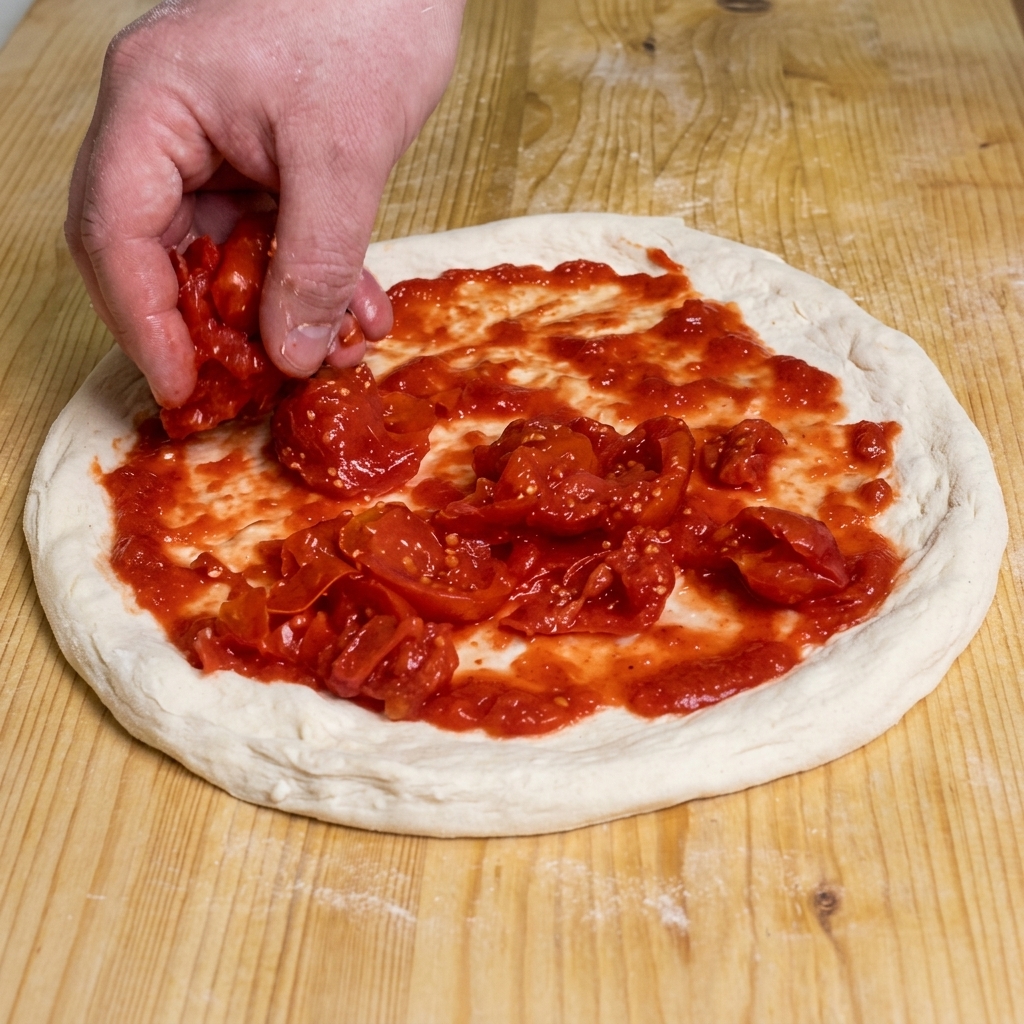 Una mano che distribuisce pezzi rustici di polpa di pomodoro rosso brillante sulla base della pizza già coperta di passata.