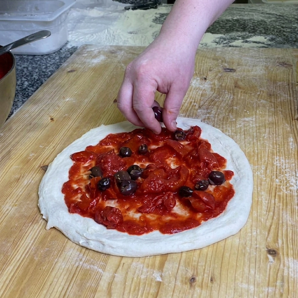 La mano di uno chef che sparge olive nere intere uniformemente su una pizza cruda con pomodori.