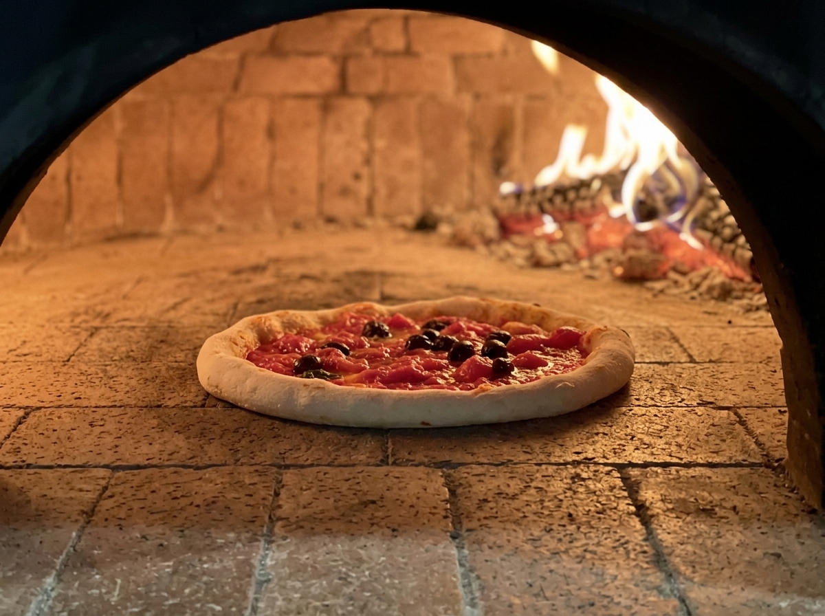 Una pizza napoletana che cuoce direttamente sul piano in pietra di un forno a legna rovente con fiamme vive.