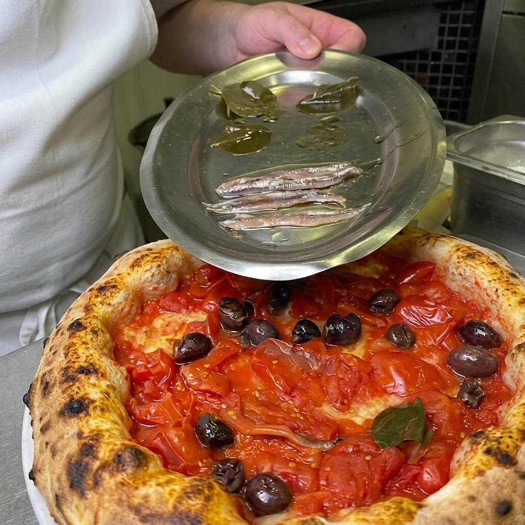 Uno chef che tiene un piattino con acciughe fresche e foglie di cappero marinate sopra una pizza marinara appena sfornata.