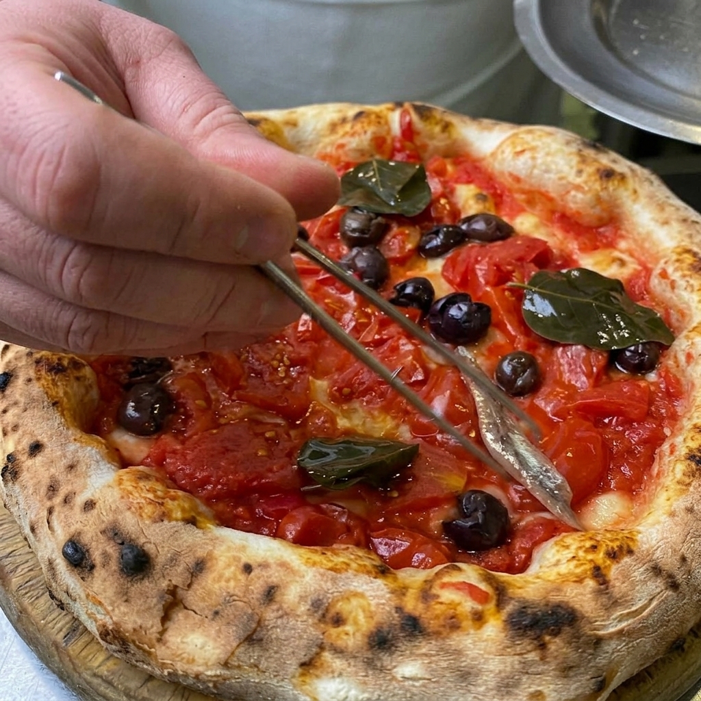 Delle pinzette che posizionano un filetto dacciuga su una pizza cotta con pomodori, olive e foglie di cappero.