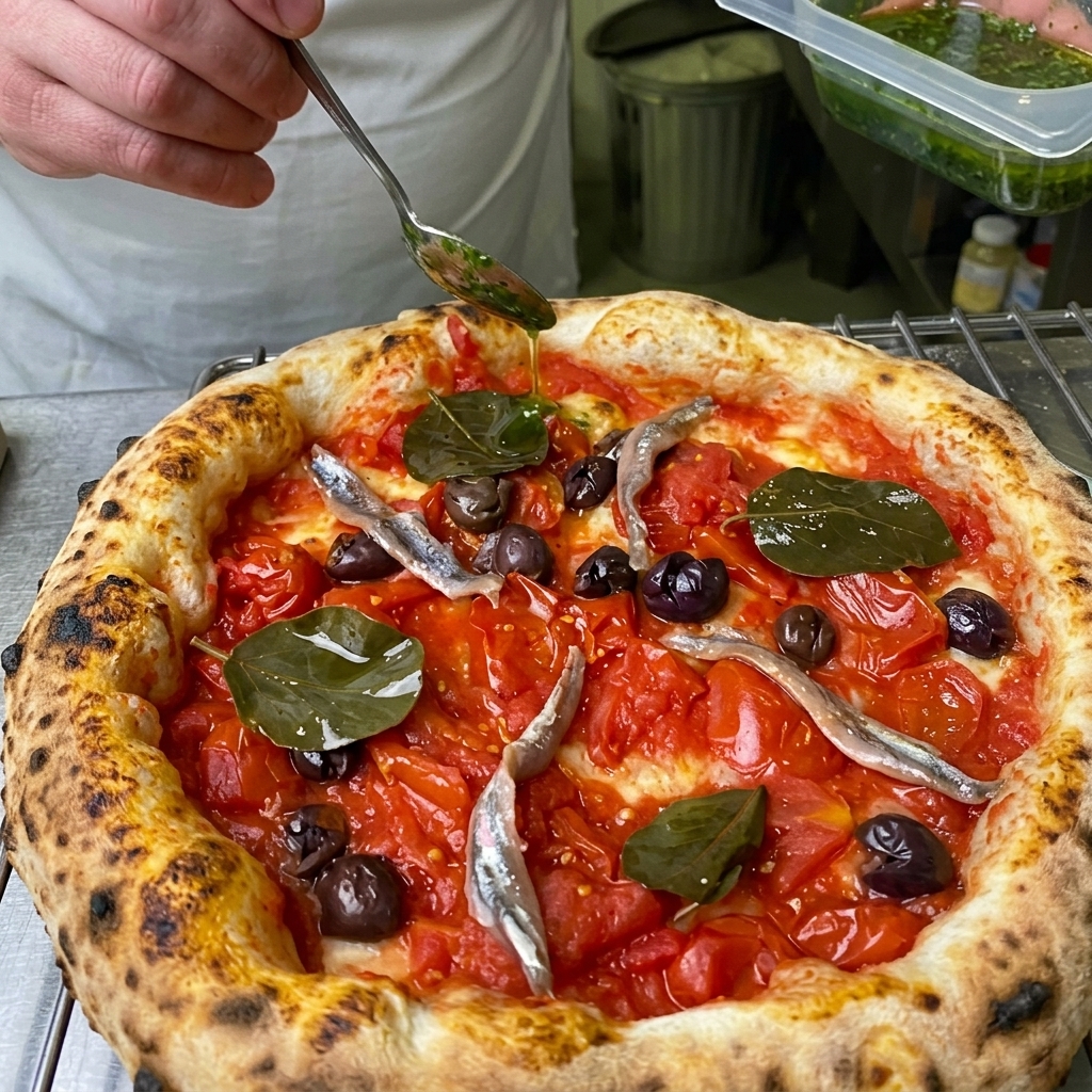 Un cucchiaio che versa una salsa verde brillante allaglio e sedano su una pizza guarnita.