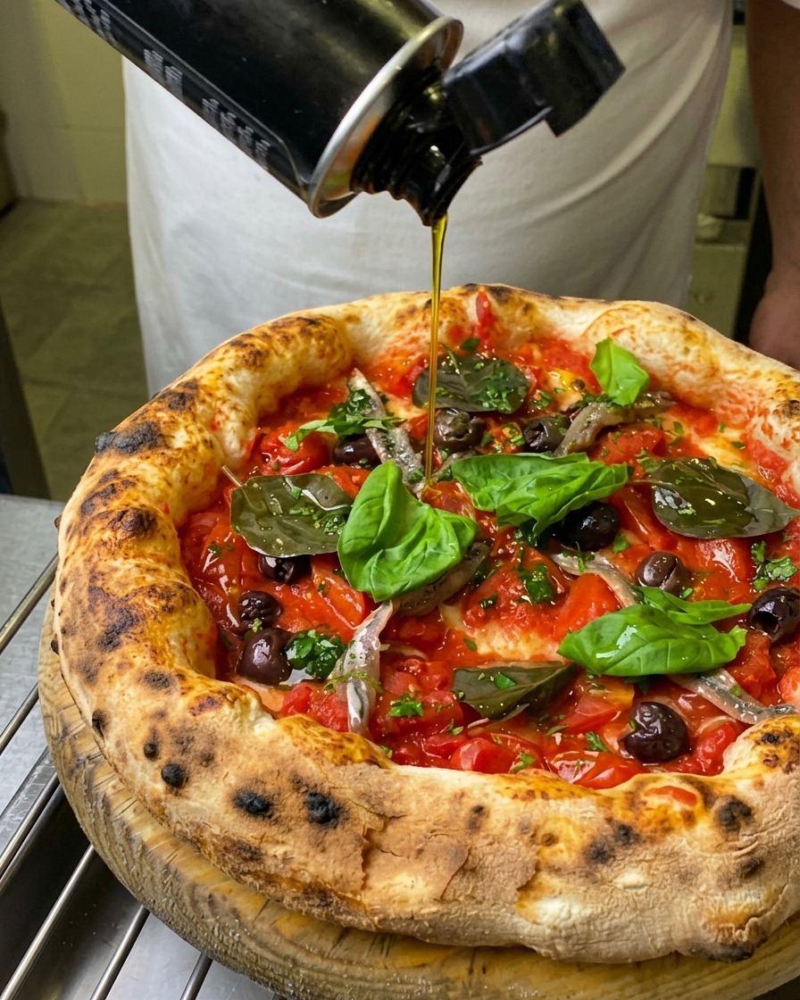Un filo dorato di olio extravergine doliva versato da una bottiglia nera su una pizza Marinara completata.