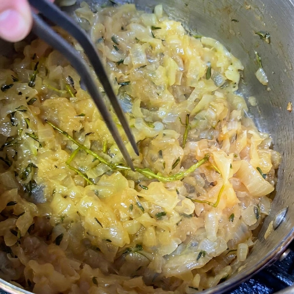 Pinzette che rimuovono un rametto di timo da una pentola di cipolle dorate.