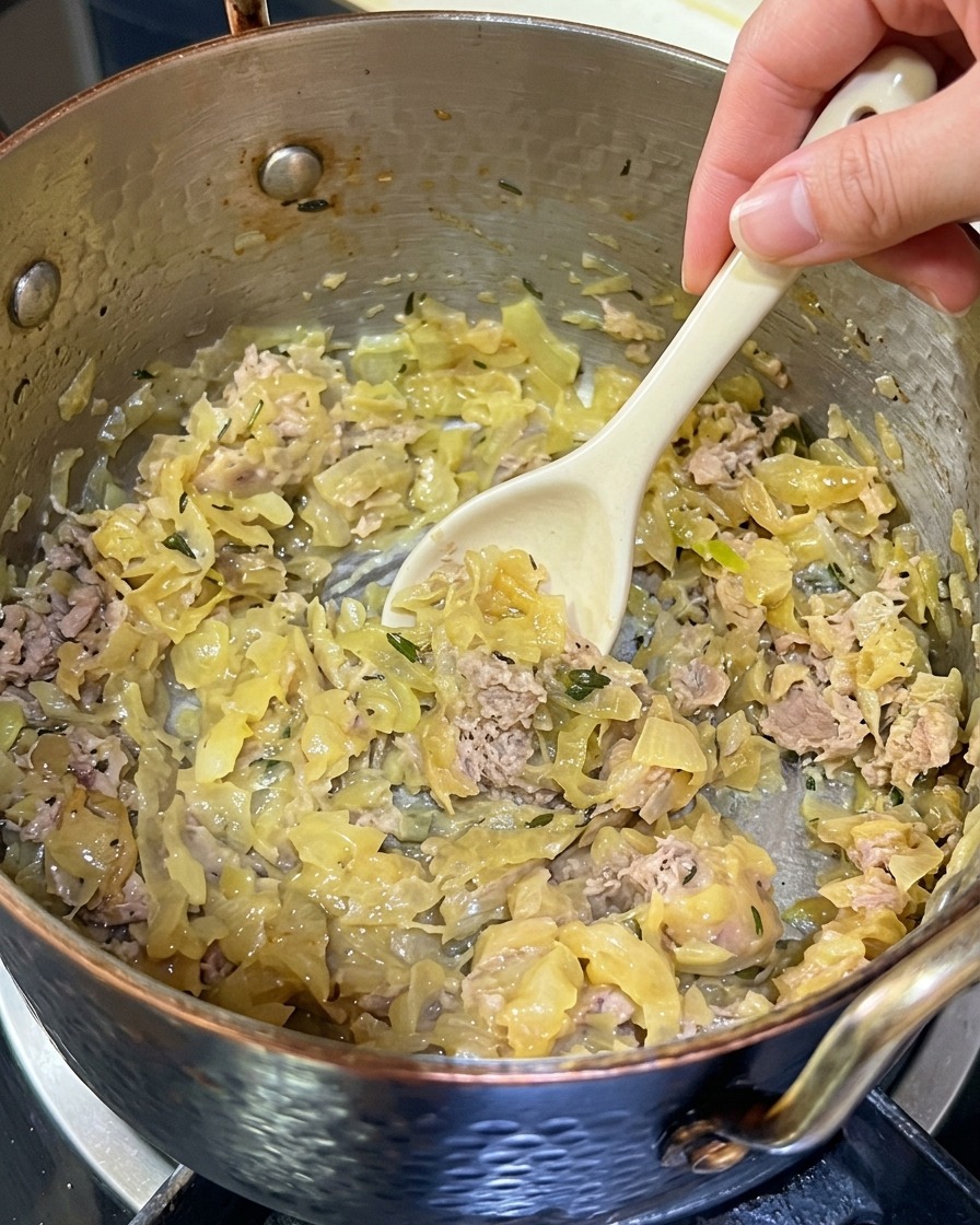 Una mano che usa un cucchiaio per amalgamare la pasta di pesce alle cipolle cotte.
