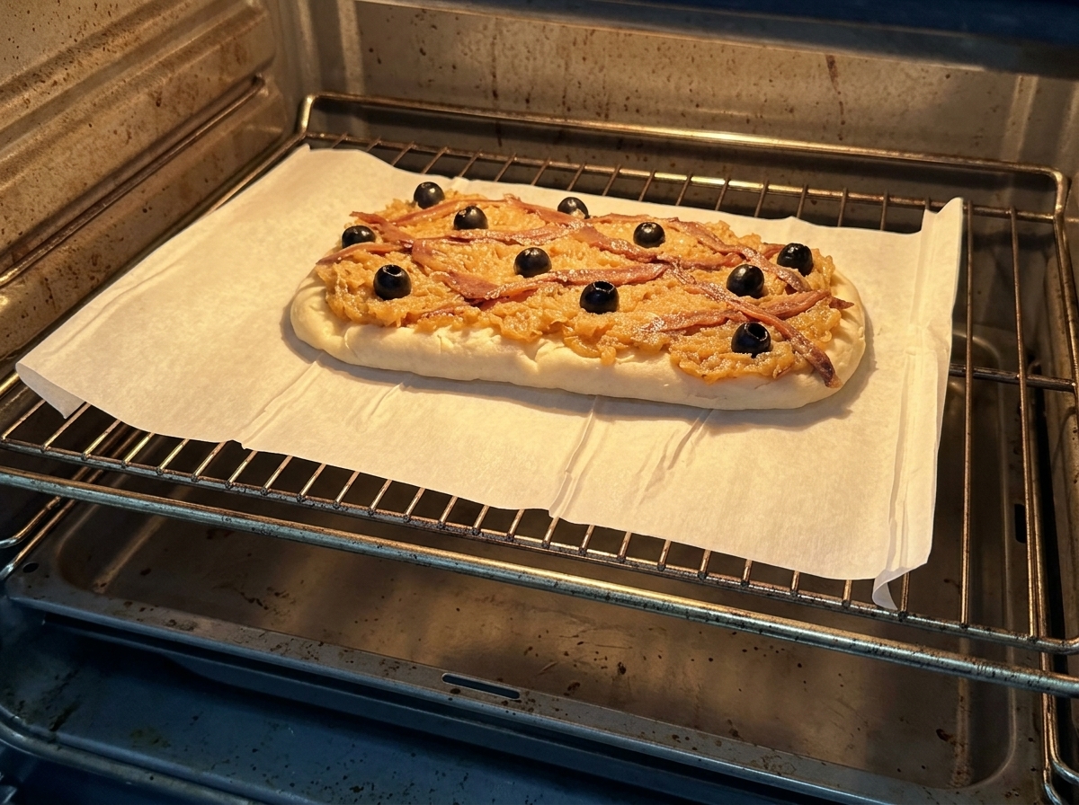 Una Pissaladière pronta per la cottura su carta forno allinterno di un forno caldo.