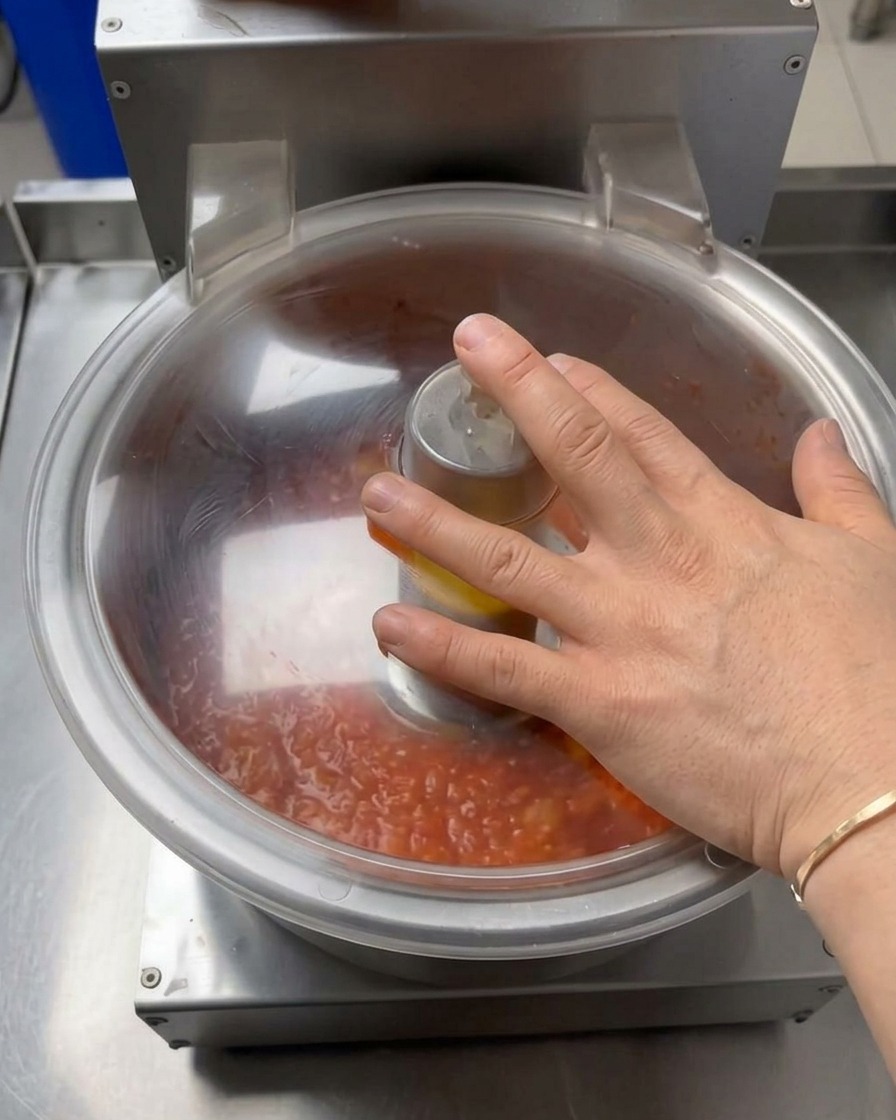 Una mano che preme sul coperchio di un robot da cucina mentre frulla i pomodori freschi in una salsa rossa vivace.