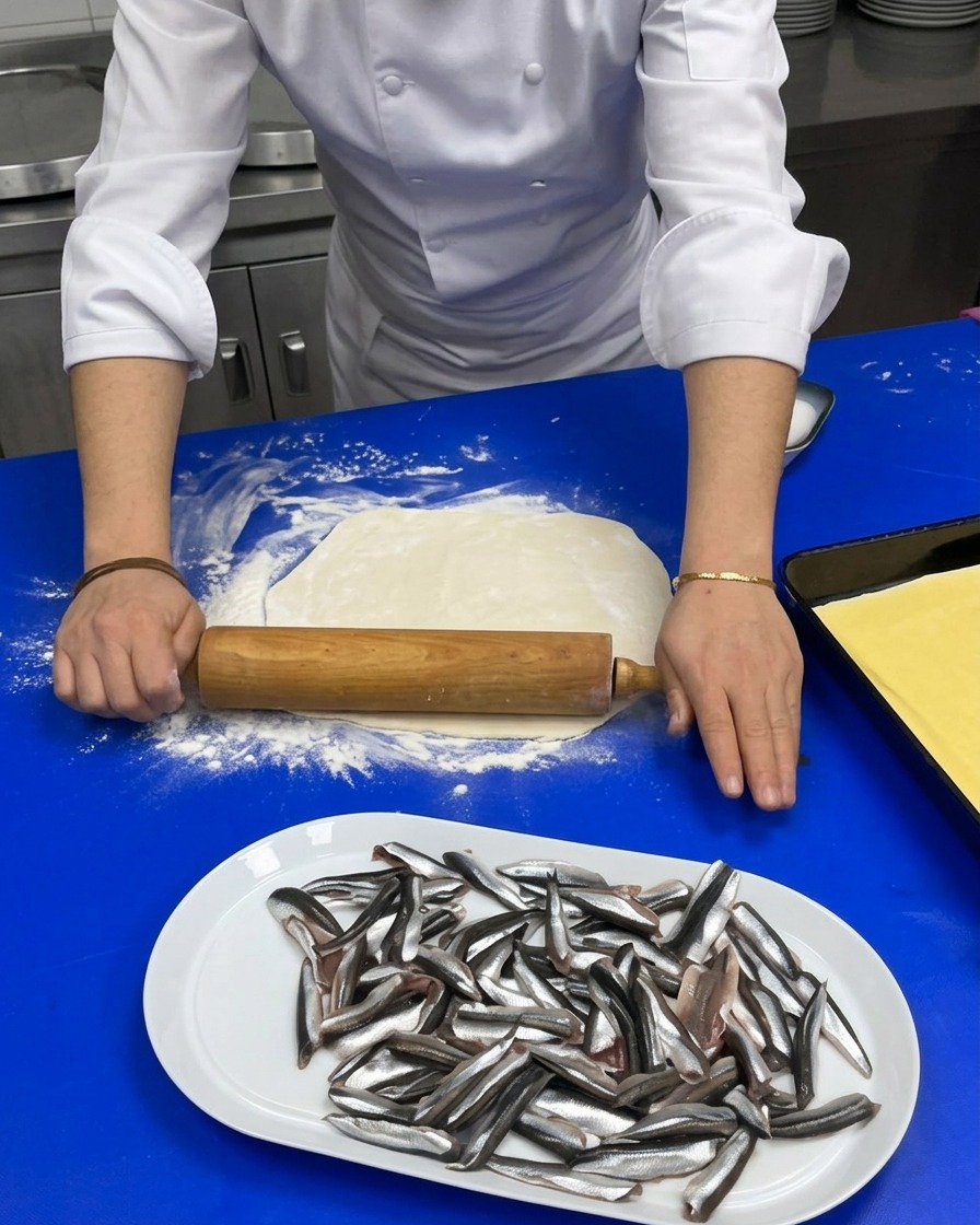 Mani di uno chef che usano un mattarello di legno per stendere un cerchio di pasta su un piano infarinato.