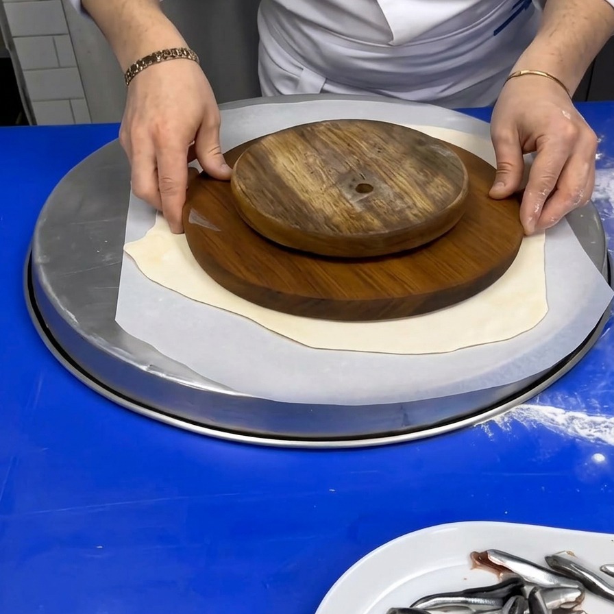 Uno chef che posiziona una dima di legno circolare su un foglio di pasta steso sopra una teglia di metallo.