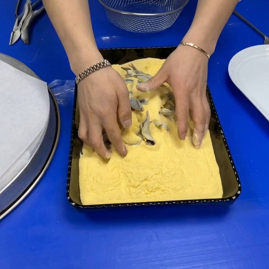 Mani di uno chef che passano le alici intere in un vassoio pieno di farina di mais gialla.