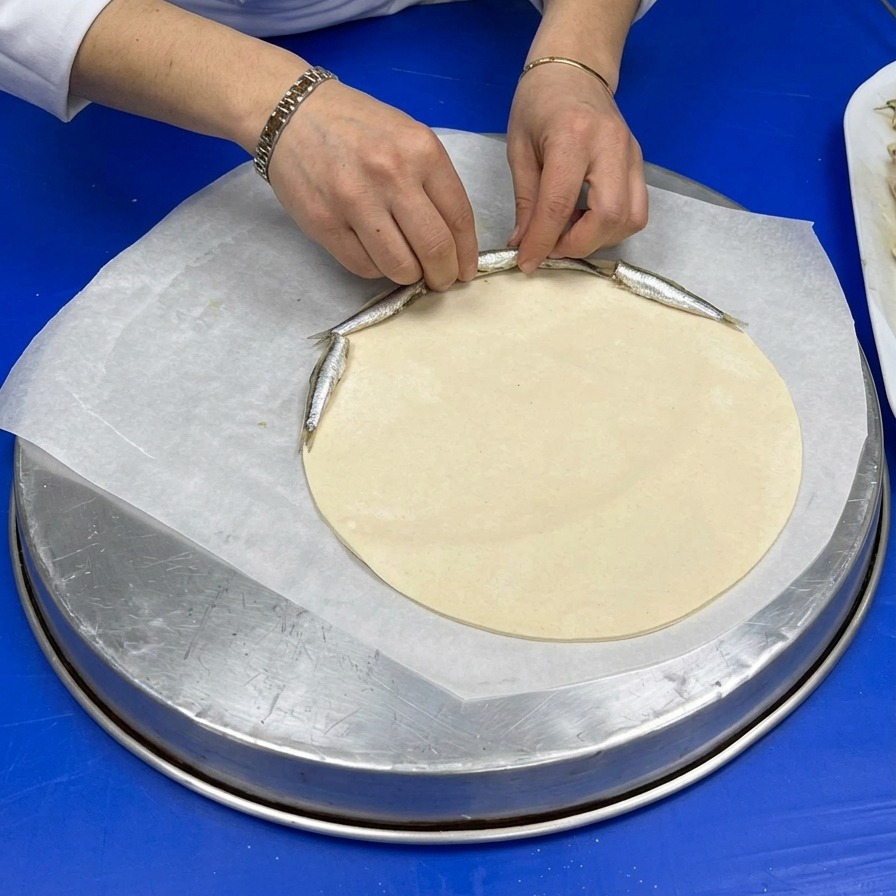Uno chef che dispone con cura le alici infarinate in un bordo circolare lungo il perimetro della pasta cruda.