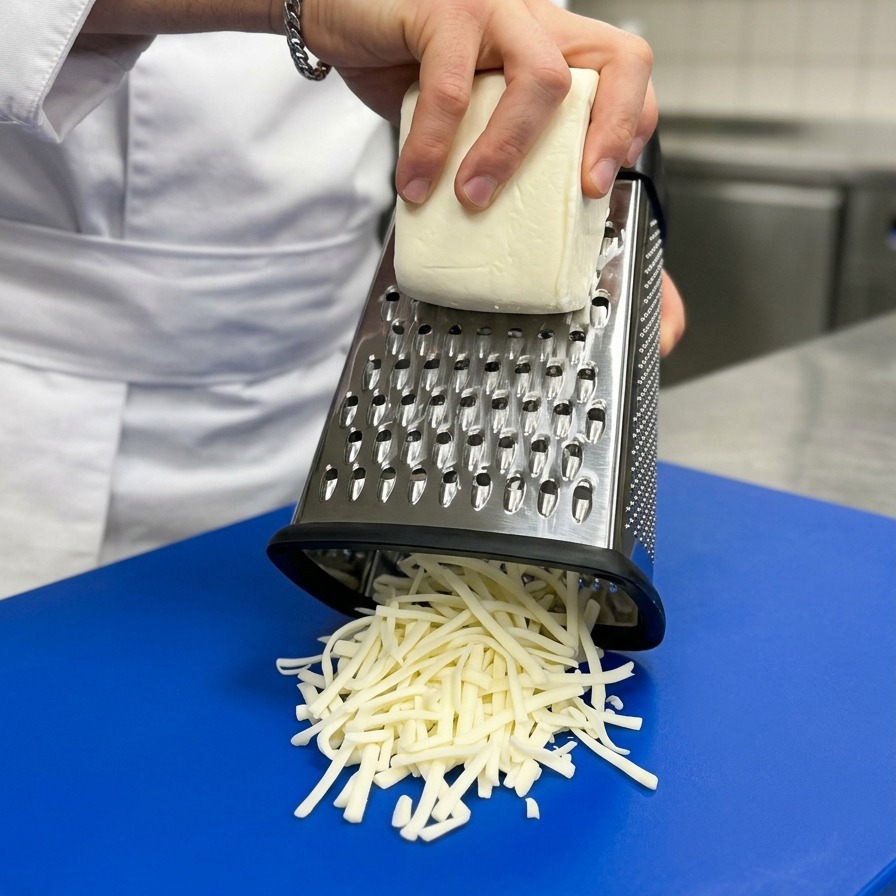Mani di uno chef che grattugiano un blocco di formaggio bianco usando una grattugia a scatola dargento.