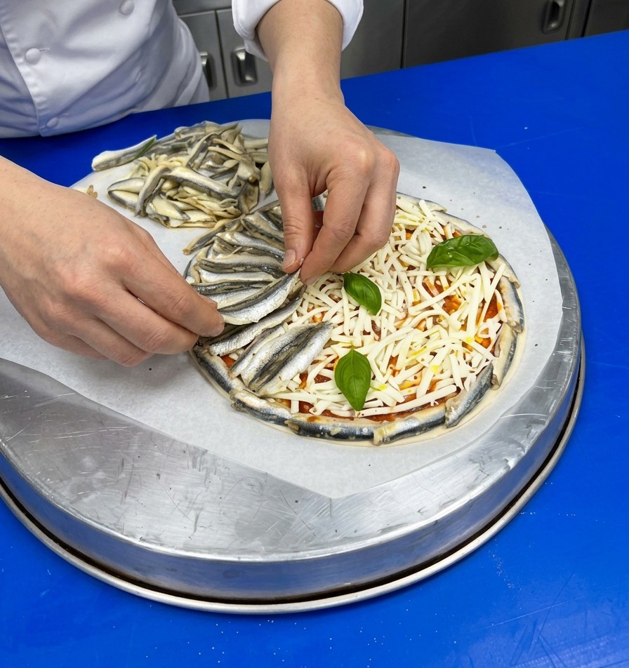 Uno chef che dispone i filetti di alici in un motivo concentrico per coprire il formaggio della pizza.