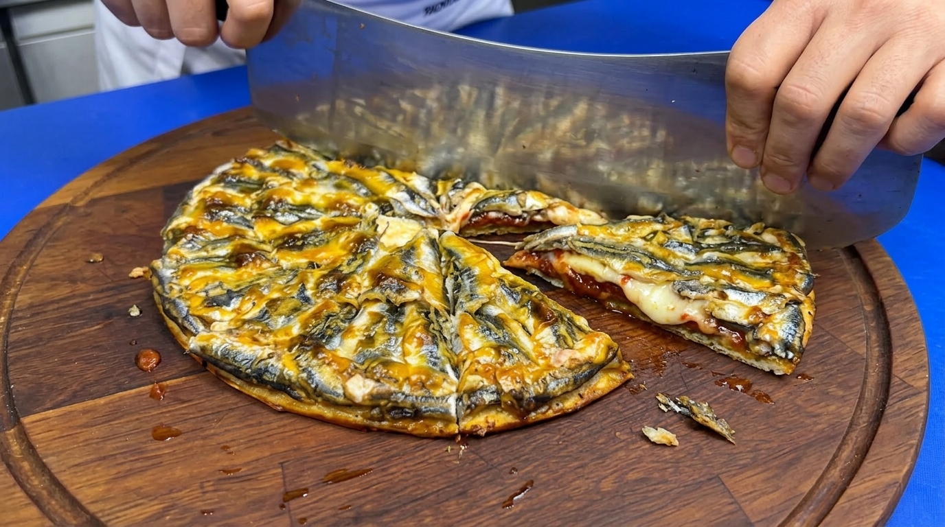 Una pizza alle alici fresche appena sfornata, tagliata a fette su un tagliere di legno rustico.