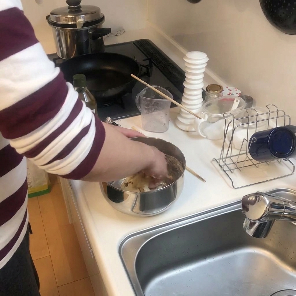Una persona impasta una palla di pizza a mano in una ciotola di metallo.