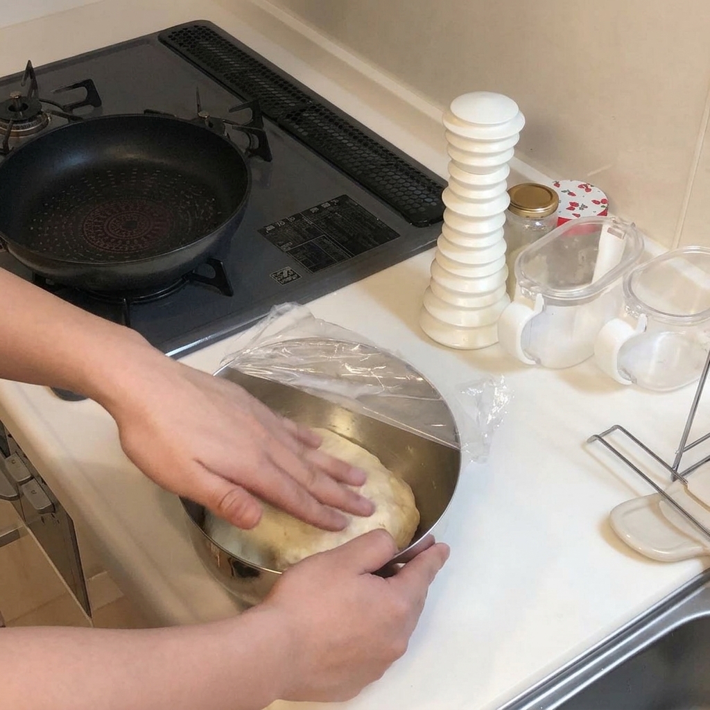 Mani che premono su una palla di impasto lievitata allinterno di una ciotola coperta da pellicola.