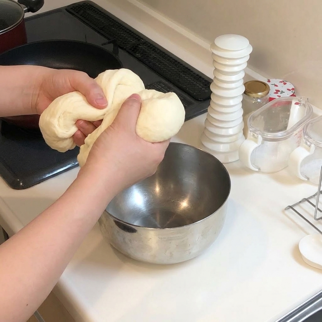 Due mani che dividono un pezzo di impasto crudo in due metà uguali.