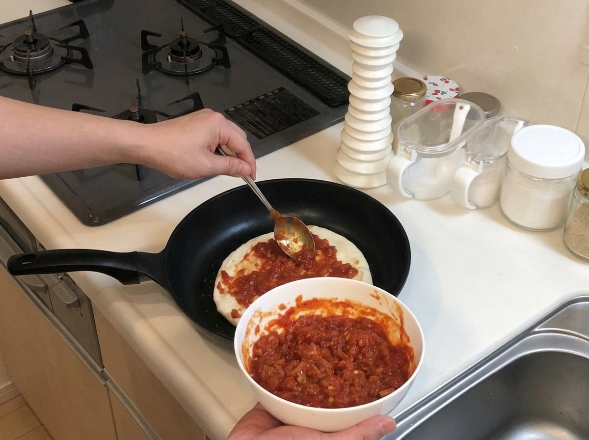 Uso del dorso di un cucchiaio di metallo per spalmare la salsa di pomodoro sulla base della pizza in padella.