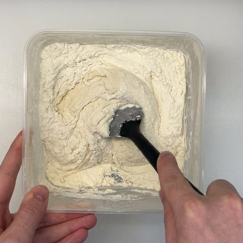 Una spatola che incorpora farina bianca nel poolish fermentato e spumoso.