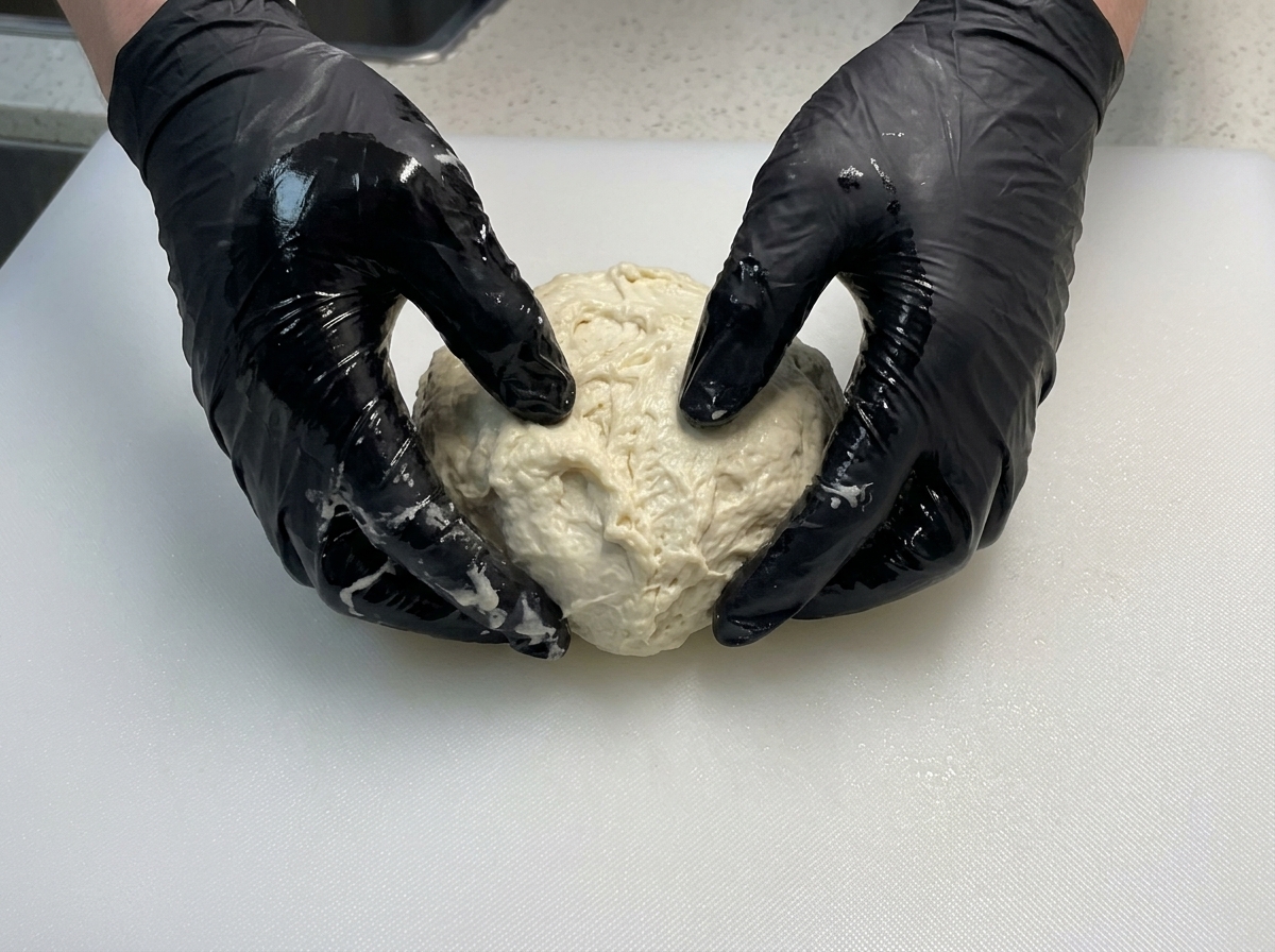 Mani con guanti neri che lavorano un impasto liscio e lucido su un tagliere bianco.