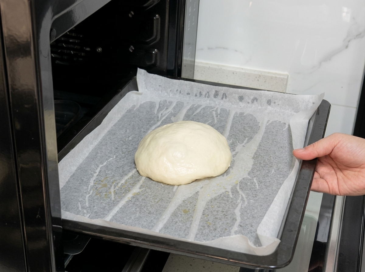 Una teglia da forno con un panetto tondo inserita in un forno spento.
